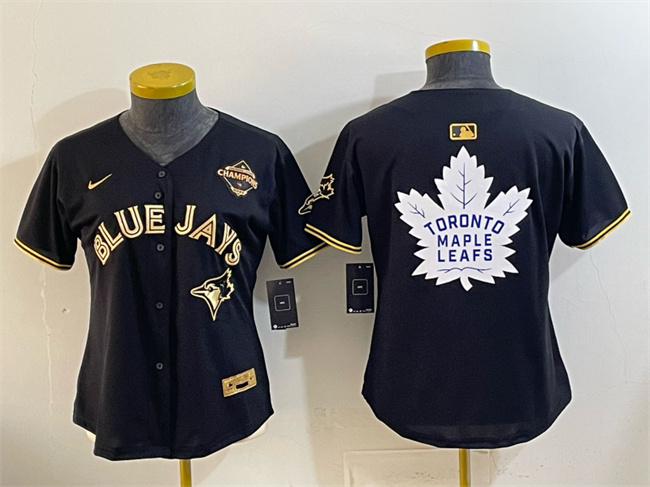 Women's Toronto Blue Jays & Leafs Black Gold 2025 American League Champions With White Leafs Logo Limited Stitched Baseball Jersey(Run Small) Women's Toronto Blue Jays & Leafs Black Gold 2025 American League Champions With White Leafs Logo Limited Stitched Baseball Jersey(Run Small)